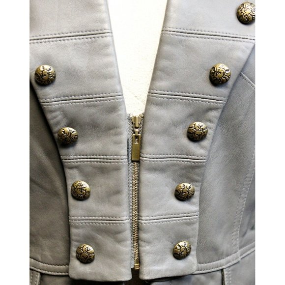 Michaela Fur Gray Leather Zip Band Jacket Military Style Buttons Women's Sz M - Picture 6 of 11